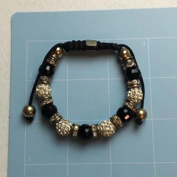 Rhinestone Bead Bracelet Black Cord Silver Tone Costume Jewelry - Picture 3 of 8